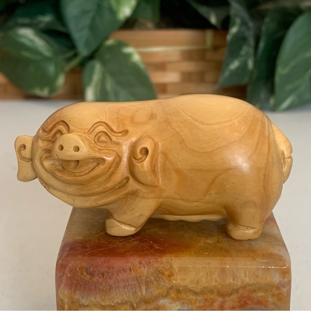 Vintage Boxwood Pig Netsuke Animal Figurine Hand Carved Wood Zodiac Sculpture 3"